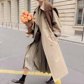 Double-breasted Trench Coat / Plaid Midi A-line Skirt