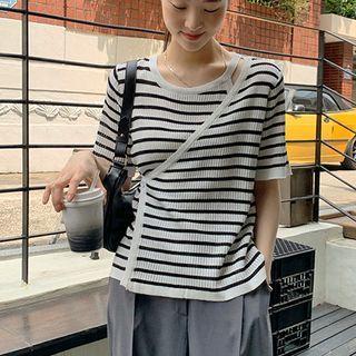 Short-sleeve Mock Two-piece Striped Knit Top Stripe - Black & White - One Size