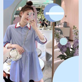 3/4-sleeve Contrast Trim Collared Dress