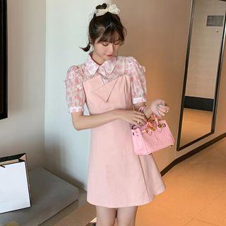 Puff-sleeve Floral Panel Plain Dress /puff-sleeve Square-neck Floral Blouse / Plain Asymmetric Jumper Dress