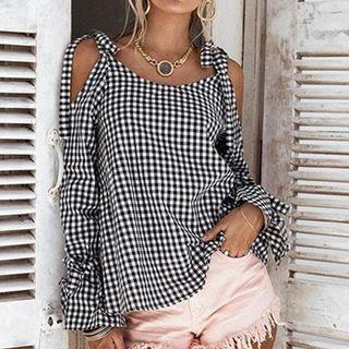 Cold Shoulder Gingham Long-sleeve Blouse