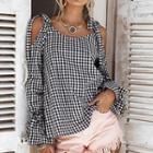 Cold Shoulder Gingham Long-sleeve Blouse