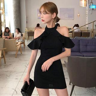 Frilled Cold-shoulder Mini Bodycon Dress