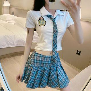 Cropped Polo Shirt With Necktie / Plaid Pleated Mini A-line Skirt / Set