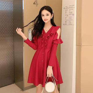 Long-sleeve Ruffled Cold Shoulder A-line Mini Dress