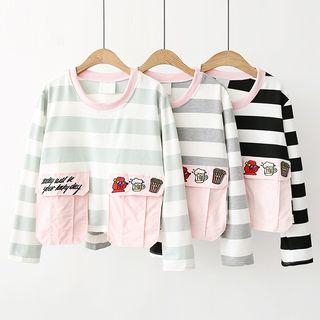 Embroidered Pocketed Striped Pullover