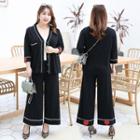 Set: 3/4-sleeve Cardigan + Wide-leg Pants