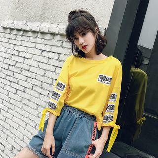 3/4 Sleeve Letter Applique T-shirt