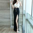 Elbow-sleeve Cut-out Slit Maxi Sheath Dress