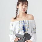 Flower Embroidered Off-shoulder Tasseled Top White - One Size