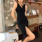 Set: Sleeveless Drawstring Sheath Dress + One-shoulder Camisole Top