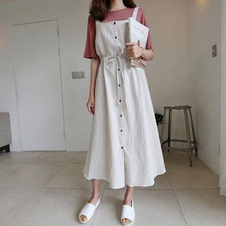 Sleeveless Drawstring-waist Buttoned Dress