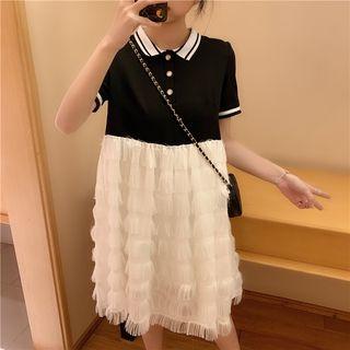 Mock Two-piece Short-sleeve Collared Dress Black - One Size