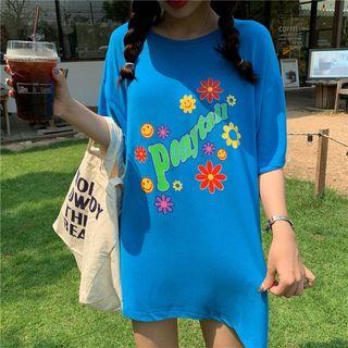 Printed Oversize T-shirt Blue - One Size