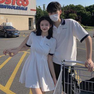 Short-sleeve Letter Embroidered A-line Polo Dress / Short-sleeve Polo Shirt