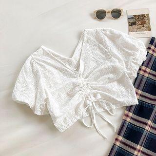 Plain V-neck Drawcord Puff-sleeve Blouse White - One Size