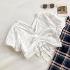Plain V-neck Drawcord Puff-sleeve Blouse White - One Size
