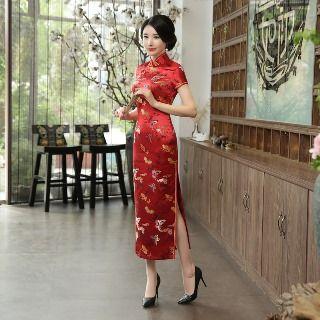 Short-sleeve Butterfly Satin Midi Cheongsam