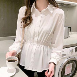 Long-sleeve Shirred Peplum Shirt