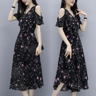 Star Print Cold-shoulder Midi Chiffon Dress