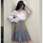 Long-sleeve Shirt / Iridescent A-line Mini Skirt