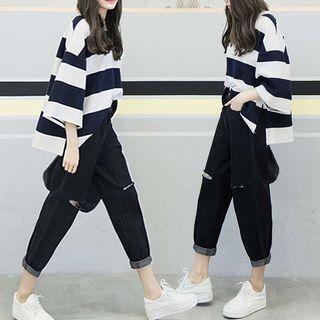 Set: 3/4-sleeve Striped T-shirt + Harem Jeans