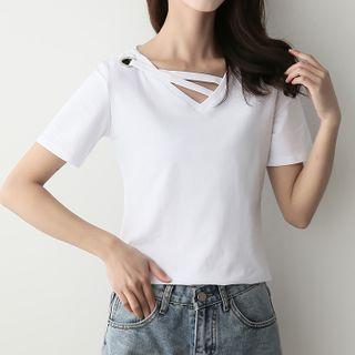 Plain Short-sleeve Strappy V-neck T-shirt