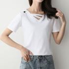 Plain Short-sleeve Strappy V-neck T-shirt