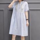 Striped Short-sleeve Embroidered A-line Dress
