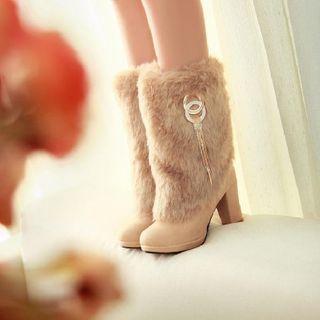 Chunky Heel Faux Fur Mid Calf Boots