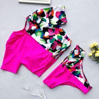 Short-sleeve Color Block Tankini