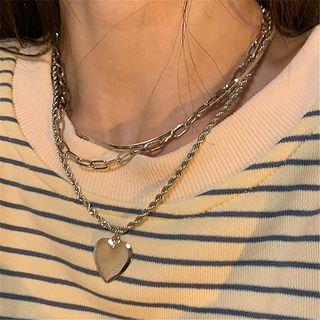 Set Of 3: Stainless Steel Necklace 1 Pc - Silver - One Size