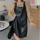Plain Blouse / Faux Leather Overall Dress