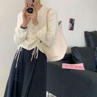 Drawstring Button-up Knit Top / Midi A-line Skirt