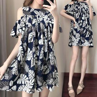 Leaf Print Cold-shoulder Tunic Dress