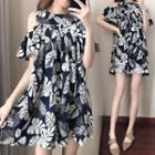 Leaf Print Cold-shoulder Tunic Dress