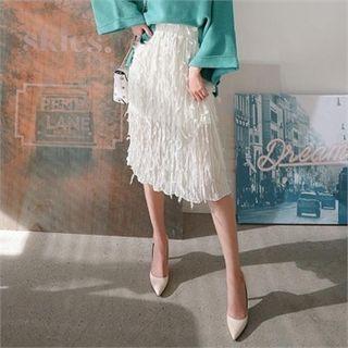 Tulle-overlay Textured H-line Midi Skirt