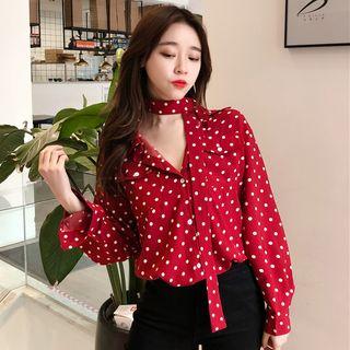 Polka Dot Tie-waist Long-sleeve Shirt