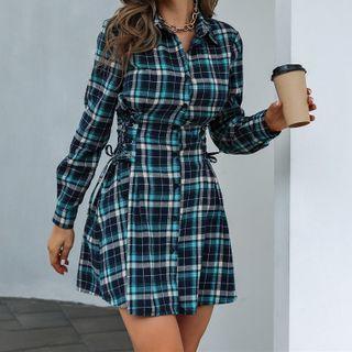 Long Sleeve Checked Drawstring Dress