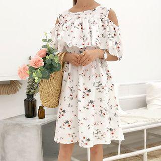 Short-sleeve Cold Shoulder Floral Print A-line Dress
