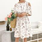Short-sleeve Cold Shoulder Floral Print A-line Dress