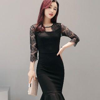 3/4-sleeve Sheath Ruffle Dress