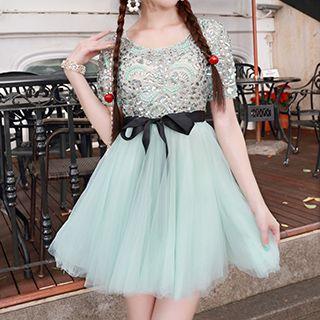 Short-sleeve Jeweled Party Dress