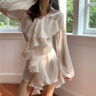 Long-sleeve Ruffle Trim Blouse Off-white - One Size