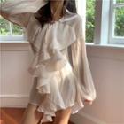 Long-sleeve Ruffle Trim Blouse Off-white - One Size