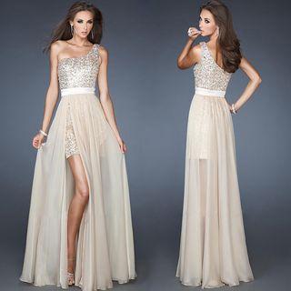 One Shoulder Glittered Slit-side Evening Dress