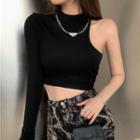 Long-sleeve One-shoulder Cropped T-shirt Black - One Size