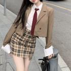 Cropped Blazer / Neck Tie / Shirt / Plaid Pencil Skirt
