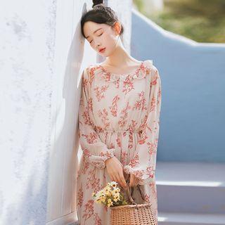 Long-sleeve Print Chiffon Midi Dress