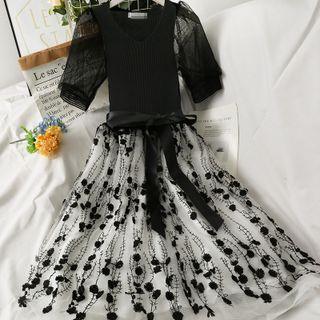 Patchwork Embroidered Mock Two-piece Midi Dress Black - One Size